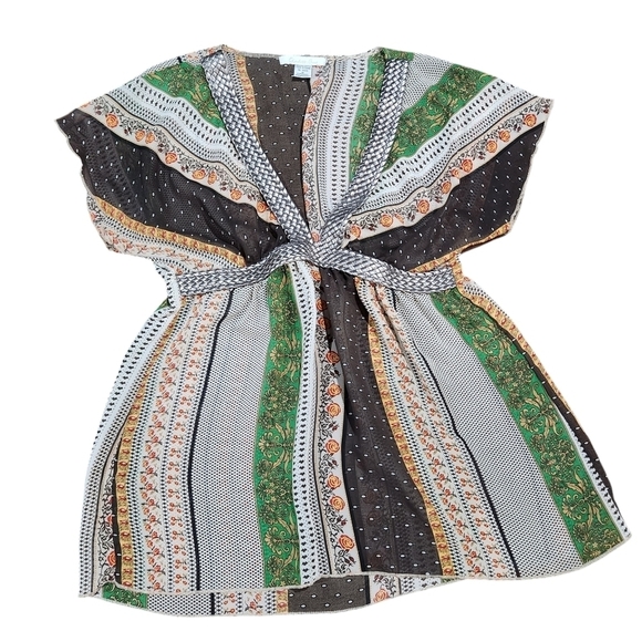 Vintage Charlotte Russe Flutter Sleeve Geometric Flowy V Neck Blouse Size M - Picture 3 of 7